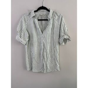 Max Studio London Blouse M Sage Green White Striped Button Tab Short Sleeve